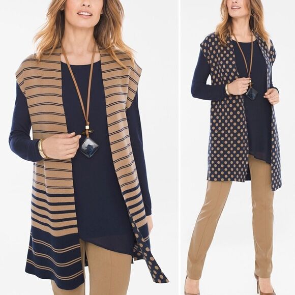 Chico’s Dot-Striped Reversible Open Front Cardigan, Sz Medium - Picture 1 of 13
